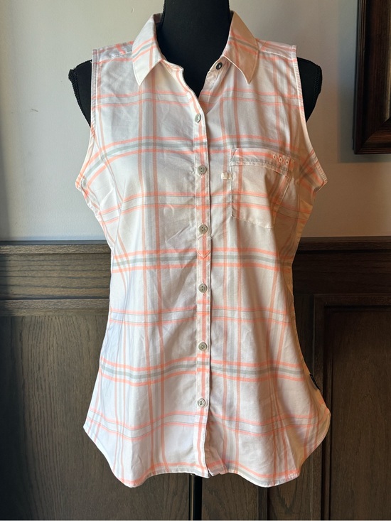 Columbia Tops - Columbia PFG White and Peach Plaid Sleeveless Button-Down Shirt medium